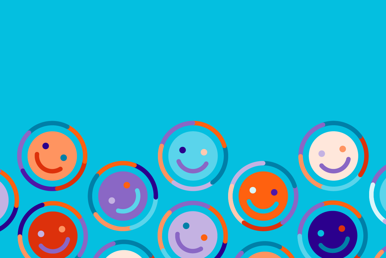 Light blue background with multicolored smiley faces in the bottom half of the image